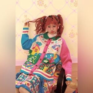Lutra Jump Retro Collared colorful cartoon house cardigan